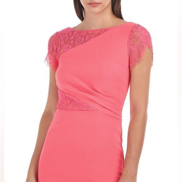 New JS Collections Illusion Boat Neck Lace Insert Short Sleeve Sheath Dress 4 - Picture 5 of 13